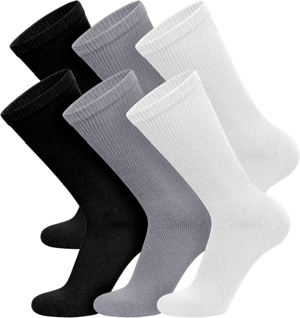 6 Pairs of Cotton Diabetic Neuropathy Crew Socks (10-13, Fits Mens shoe size 9-12, White)