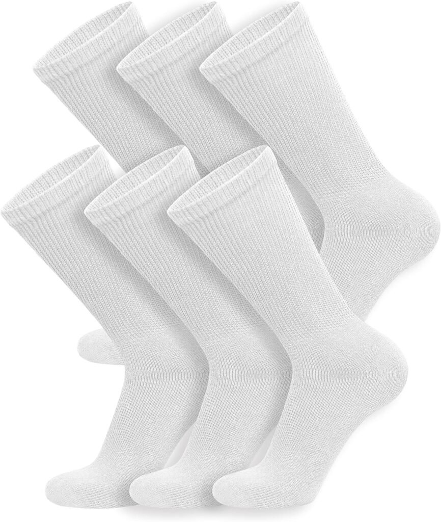 6 Pairs of Cotton Diabetic Neuropathy Crew Socks (10-13, Fits Mens shoe size 9-12, White)