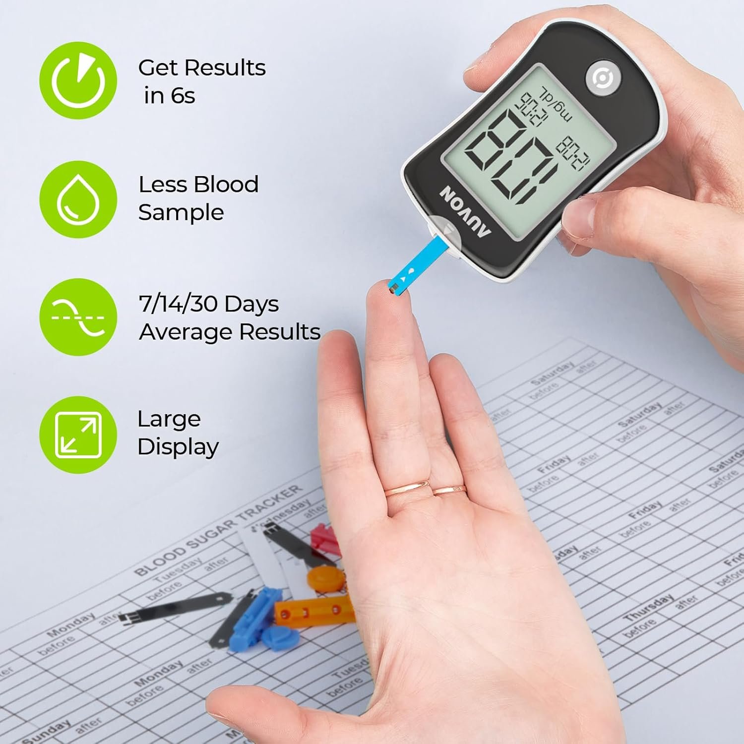 AUVON Blood Glucose Monitor Kit for Accurate Test, Diabetes Testing Kit with 100 Glucometer Strips, 100 30G Lancets and Lancing Devices, DS-W Portable Sugar Test Kit, No Coding Required
