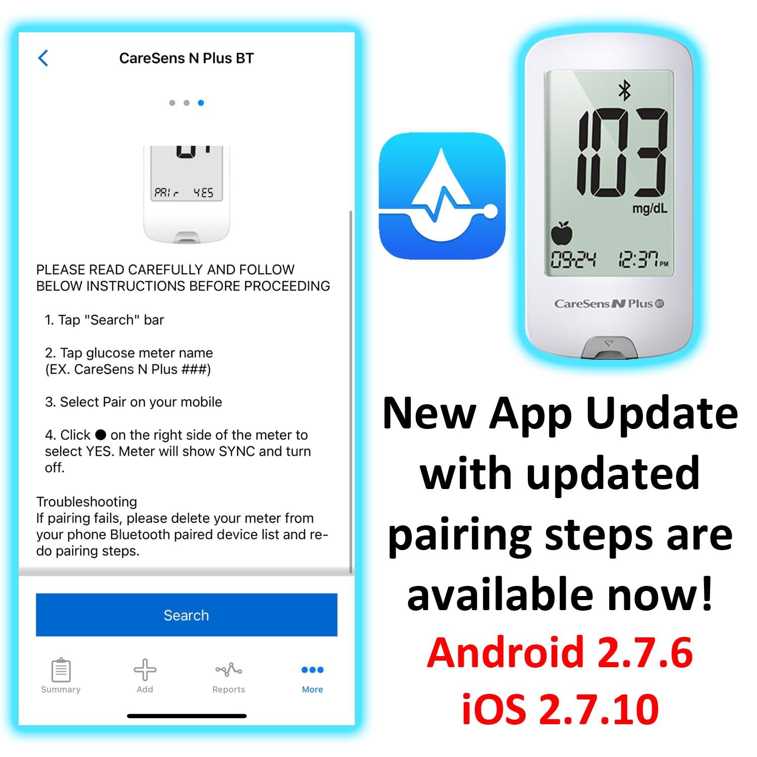 CareSens N Plus Bluetooth Blood Glucose Monitor Kit - 100 Test Strips, Lancets, Meter, Lancing Device, Travel Case, Control Solution