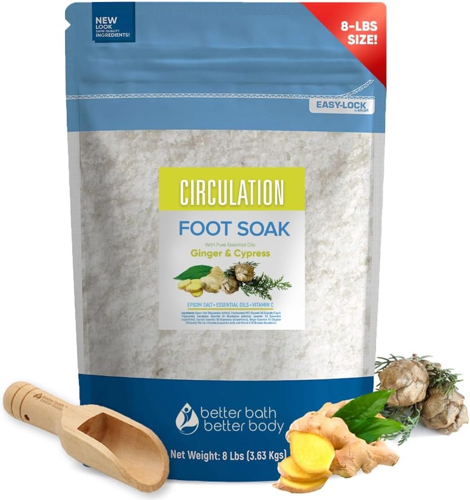 Circulation Foot Soak (2 Lbs) Epsom Salt with Natural Ginger, Cypress, Eucalyptus, and Lavender Essential Oils Plus Vitamin C in BPA Free Pouch with Easy Press-Lock Seal