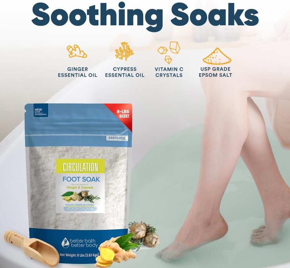 Circulation Foot Soak (2 Lbs) Epsom Salt with Natural Ginger, Cypress, Eucalyptus, and Lavender Essential Oils Plus Vitamin C in BPA Free Pouch with Easy Press-Lock Seal