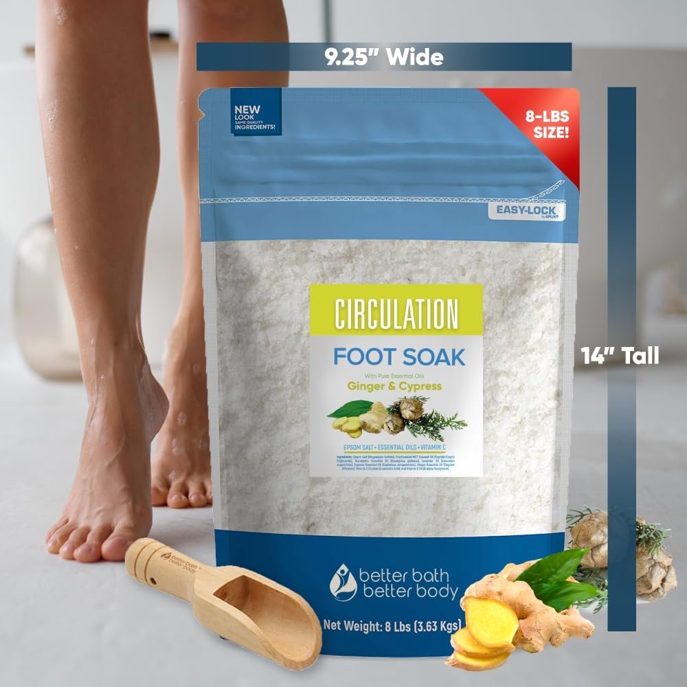 Circulation Foot Soak (2 Lbs) Epsom Salt with Natural Ginger, Cypress, Eucalyptus, and Lavender Essential Oils Plus Vitamin C in BPA Free Pouch with Easy Press-Lock Seal