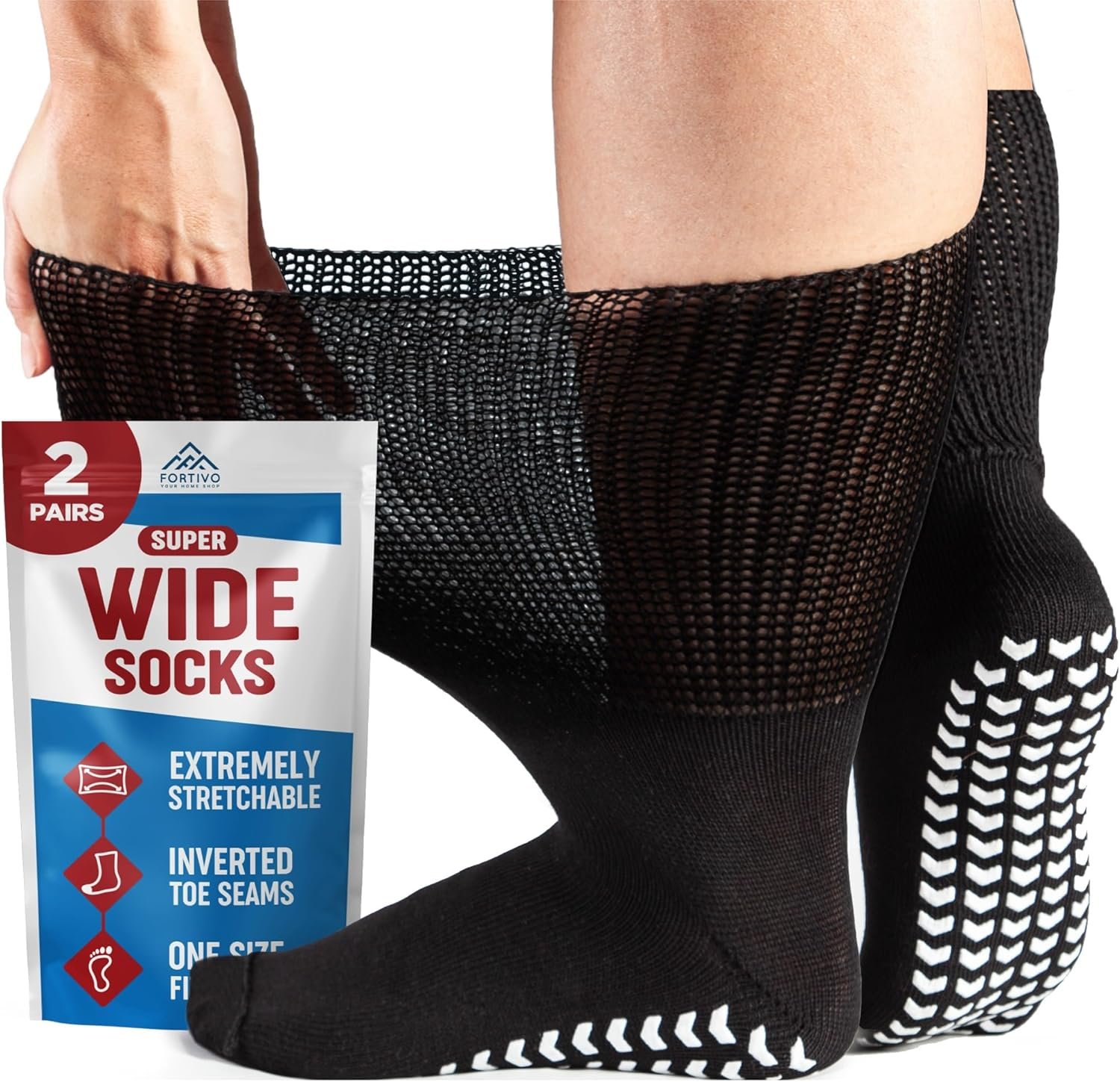 Extra Wide Socks for Swollen Feet, Diabetic Socks for Men, Hospital Socks, Extra Wide Bariatric Socks, Non Slip Socks Mens and Womens, Diabetic Socks for Men, Wide Socks Men - 2 Pairs Black