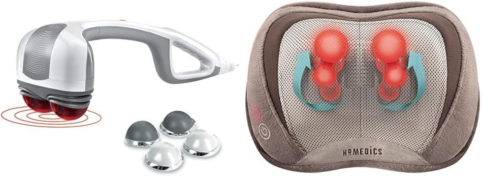Homedics Back Massager - Heated Automatic Percussion Back, Body and Neck Massager with Duel Pivoting Heads, Interchangeable Nodes, for Shoulders, Legs and Feet, White