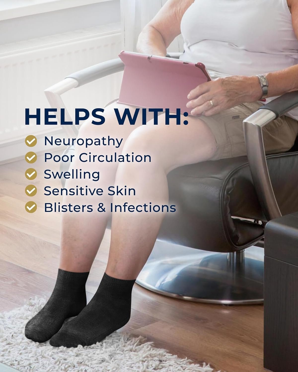 Pembrook Ankle Diabetic Socks for Women  Men | 6 Pairs | Wide Non Binding Socks Quarter Length | Edema Neuropathy Socks