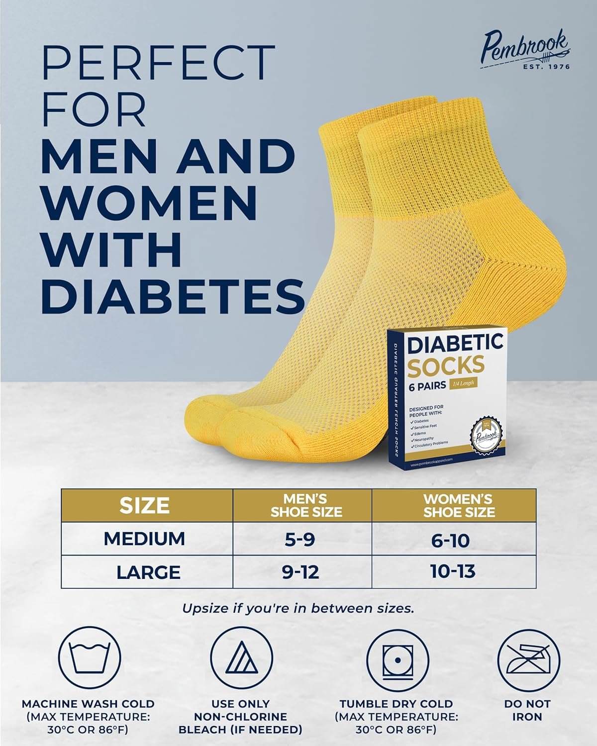 Pembrook Ankle Diabetic Socks for Women  Men | 6 Pairs | Wide Non Binding Socks Quarter Length | Edema Neuropathy Socks