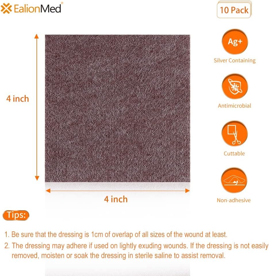 Silver Calcium Alginate Wound Dressing Pad, 4’’x5’’ Patch, High Absorbency Non-Stick Ag Gauze for Pressure Ulcer,Bed Sore,Leg Sore,Diabetic Foot Ulcer, 5 Packs