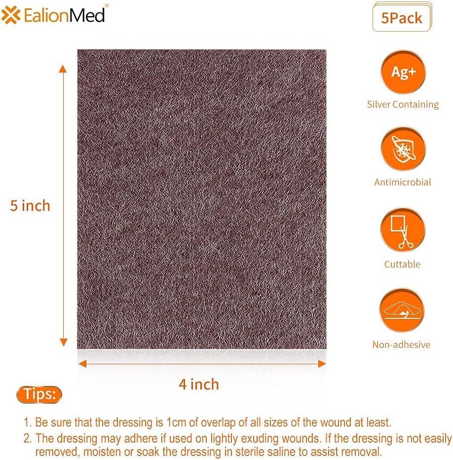 Silver Calcium Alginate Wound Dressing Pad, 4’’x5’’ Patch, High Absorbency Non-Stick Ag Gauze for Pressure Ulcer,Bed Sore,Leg Sore,Diabetic Foot Ulcer, 5 Packs