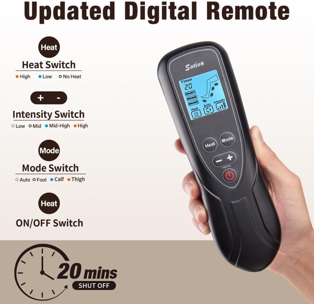 Sotion Leg Massager with Heat and Compression for Circulation  Recovery, Upgraded Foot Calf Thigh Sequential Massager Device with Handheld Controller, 4 Modes 4 Intensities, Help for Leg Pain Relief
