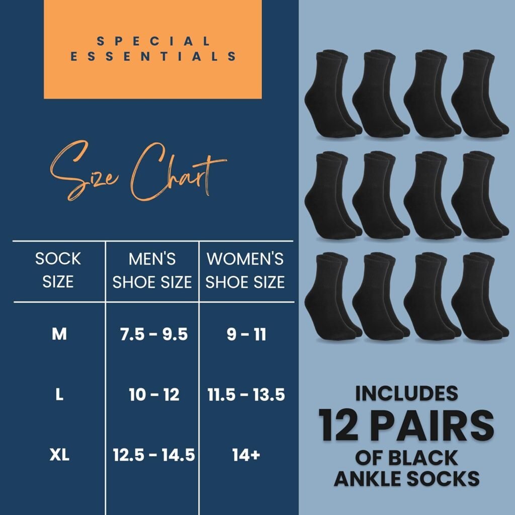Special Essentials 12 Pairs Cotton Diabetic Ankle Socks - Non-Binding With Extra Wide Top For Men and Women