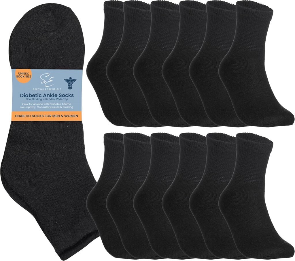 Special Essentials 12 Pairs Cotton Diabetic Ankle Socks - Non-Binding With Extra Wide Top For Men and Women