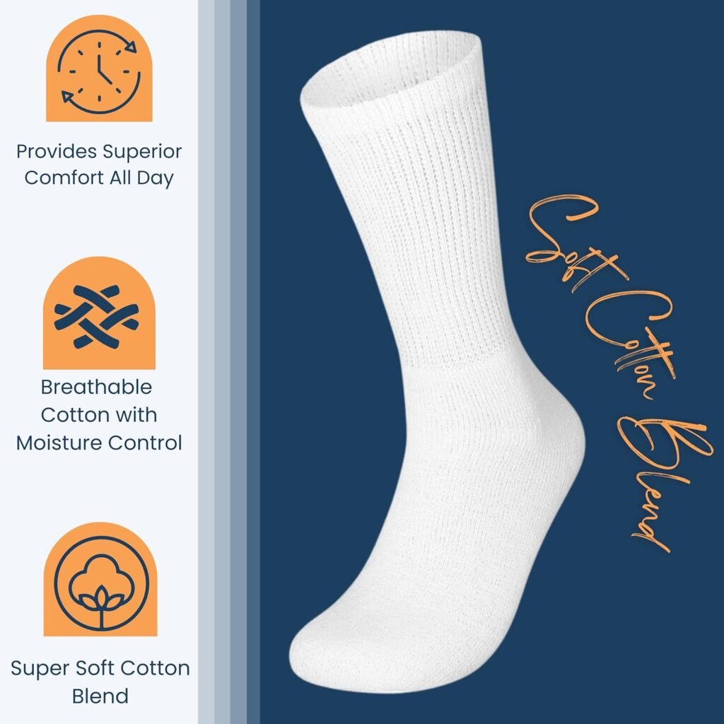 Special Essentials 12 Pairs Cotton Diabetic Socks for Men  Women - Non-Binding Extra Wide Top Neuropathy Socks - Crew Socks