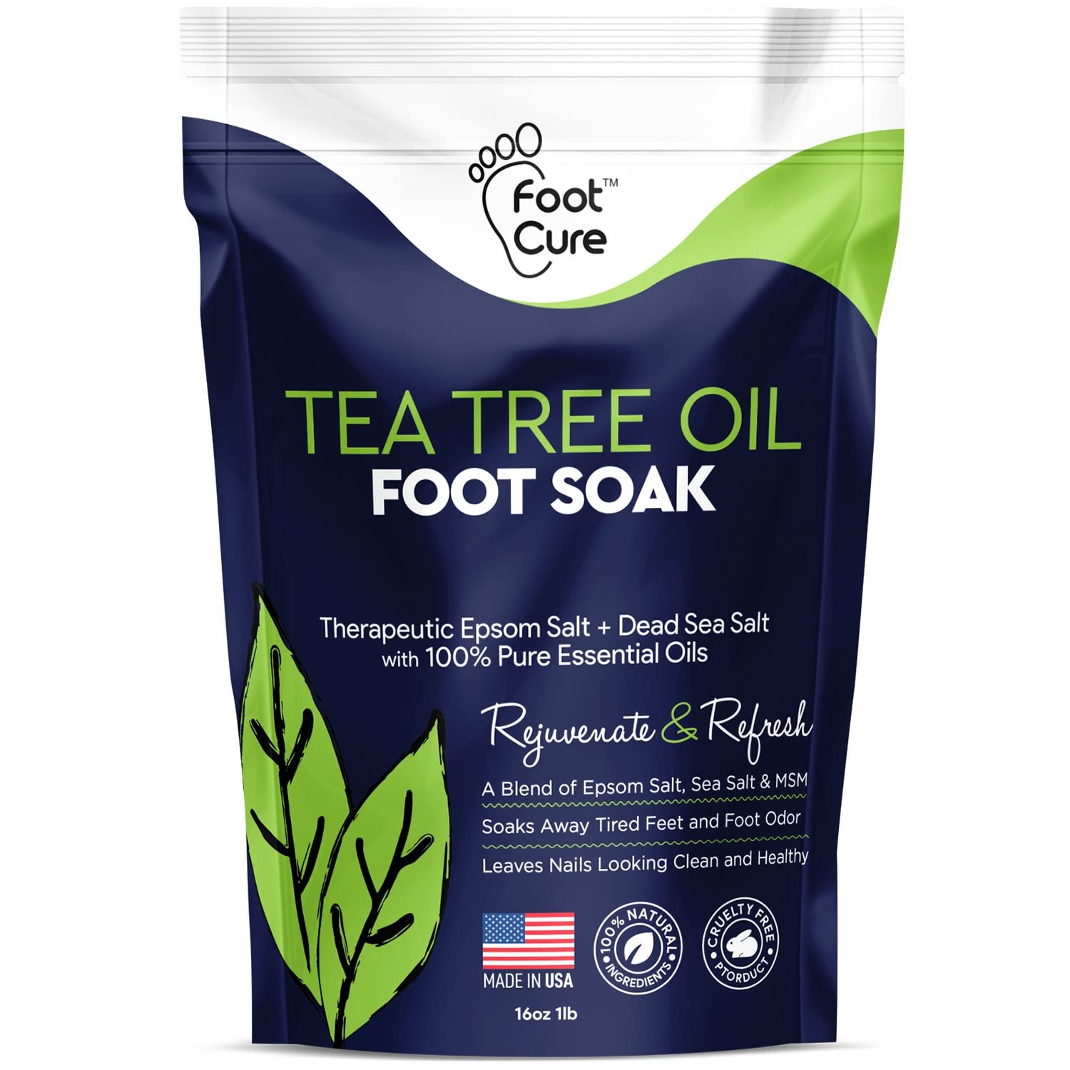 Tea Tree Oil Foot Soak with Epsom Salt - For Toenail Repair, Athletes Foot, Softens Calluses, Soothes Sore  Tired Feet, Nail Discoloration, odor Scent, Spa Pedicure Care - Made in USA 16 oz