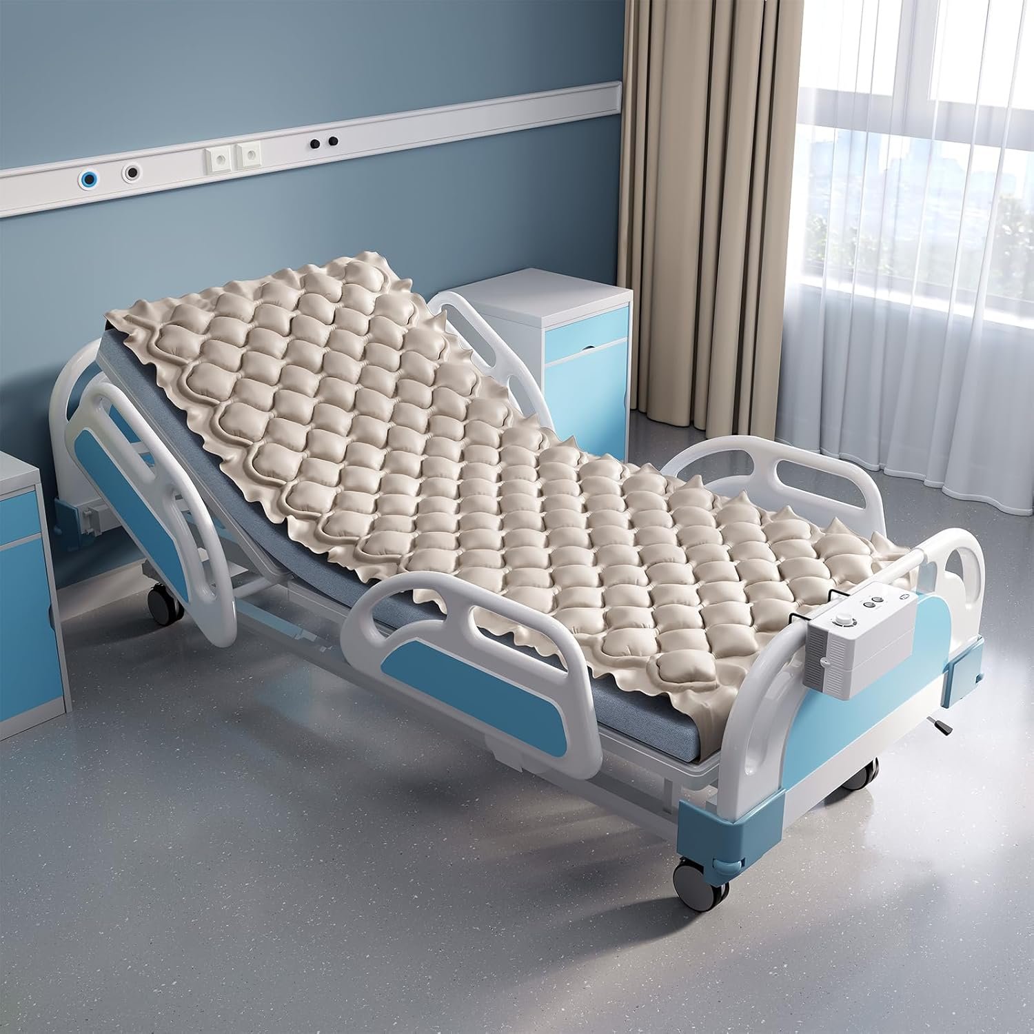 Alternating Air Pressure Mattress Pad, Bed Sore Prevention Solution Mattress Topper with 6-Setting Pump, Waterproof Pressure Ulcer Cushion Pad for Hospital Beds and Home (S11VA, Beige)