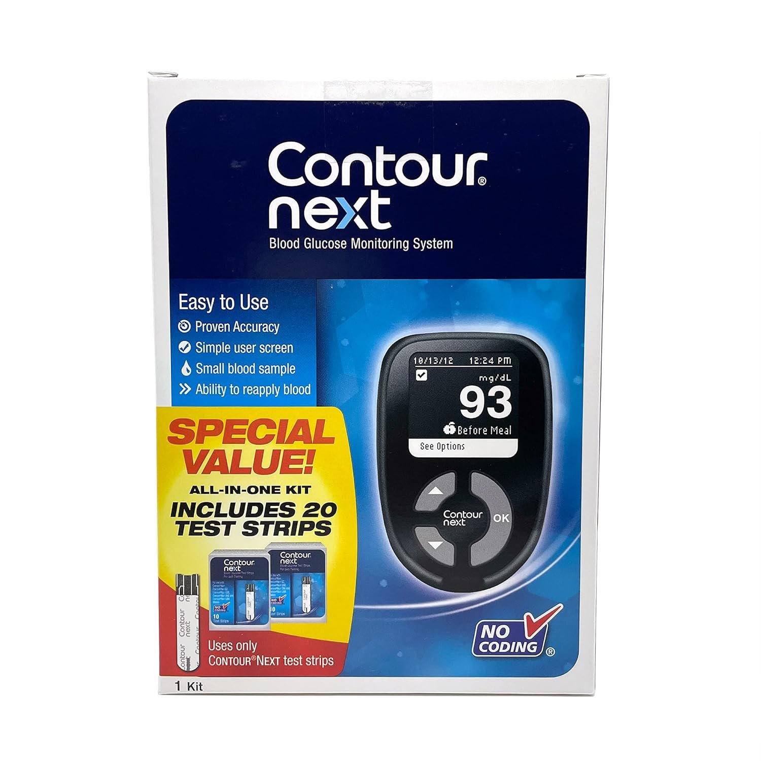 Ascensia CONTOUR NEXT Blood Glucose Monitoring System – All-in-One Kit for Diabetes with Glucose Monitor and 20 Test Strips For Blood Sugar  Glucose Testing