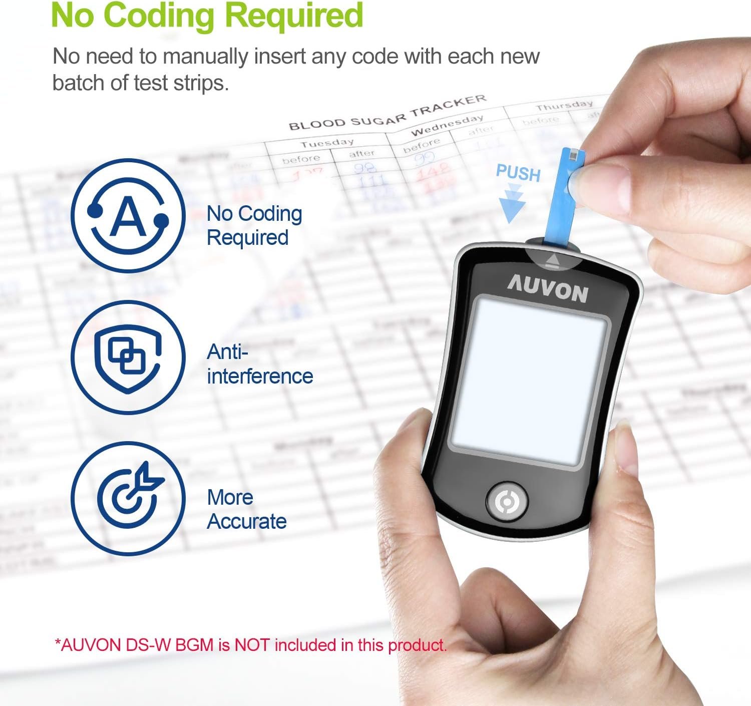 AUVON DS-W Draw-in Blood Glucose Test Strips for use with AUVON DS-W Diabetes Sugar Testing Meter (No Coding Required, 150 Count)