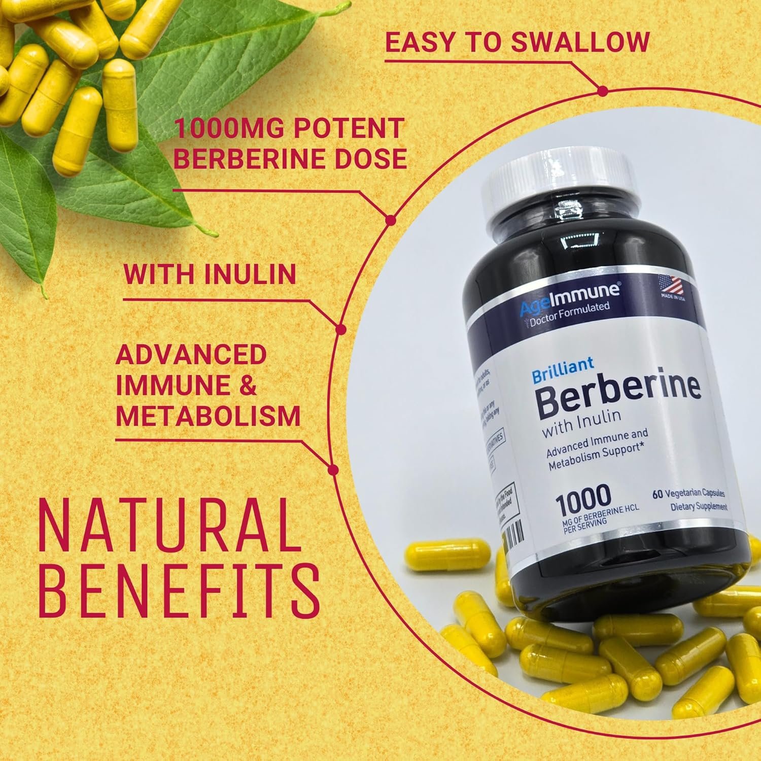 Berberine 1000mg Supplement Complex with Inulin Prebiotic - Berberine 500mg per Capsule - Doctor Formulated Supplements for High Absorption from a Doctor-Owned Brand.