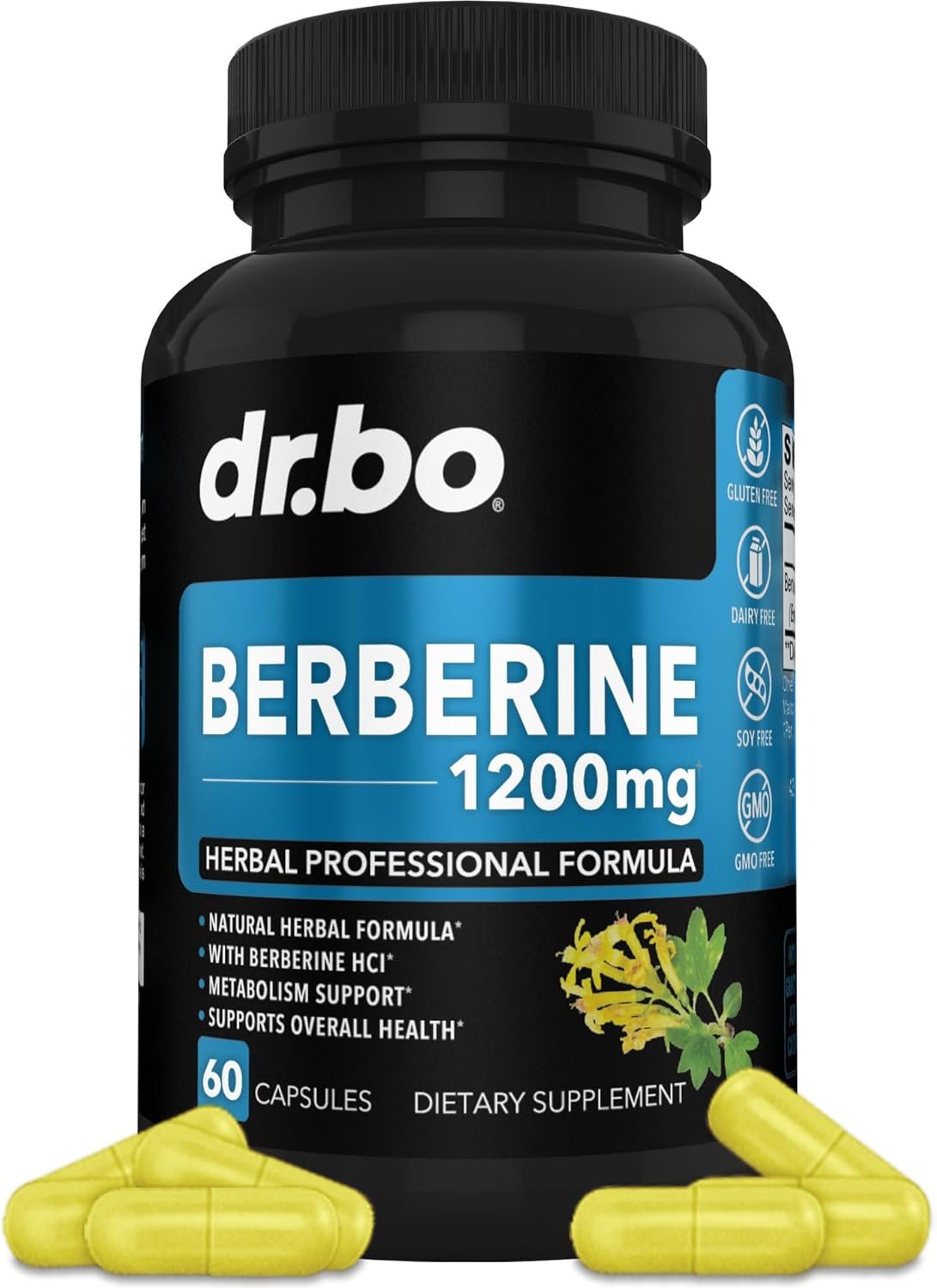 Berberine Supplement Capsules - 1200mg Berberine HCL Supplement for Healthy Metabolic Support - Premium Berberine HCL 600mg Per Capsule, Pure Berberine 1200mg Supplements for Women  Men - 60 Pills