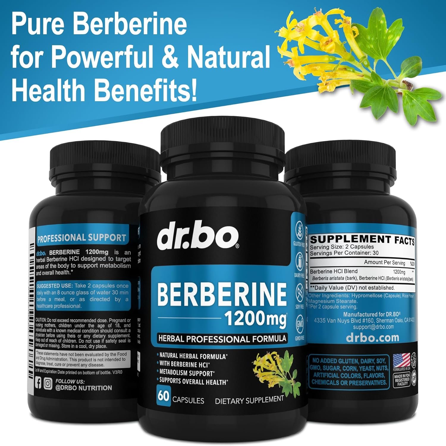 Berberine Supplement Capsules - 1200mg Berberine HCL Supplement for Healthy Metabolic Support - Premium Berberine HCL 600mg Per Capsule, Pure Berberine 1200mg Supplements for Women  Men - 60 Pills