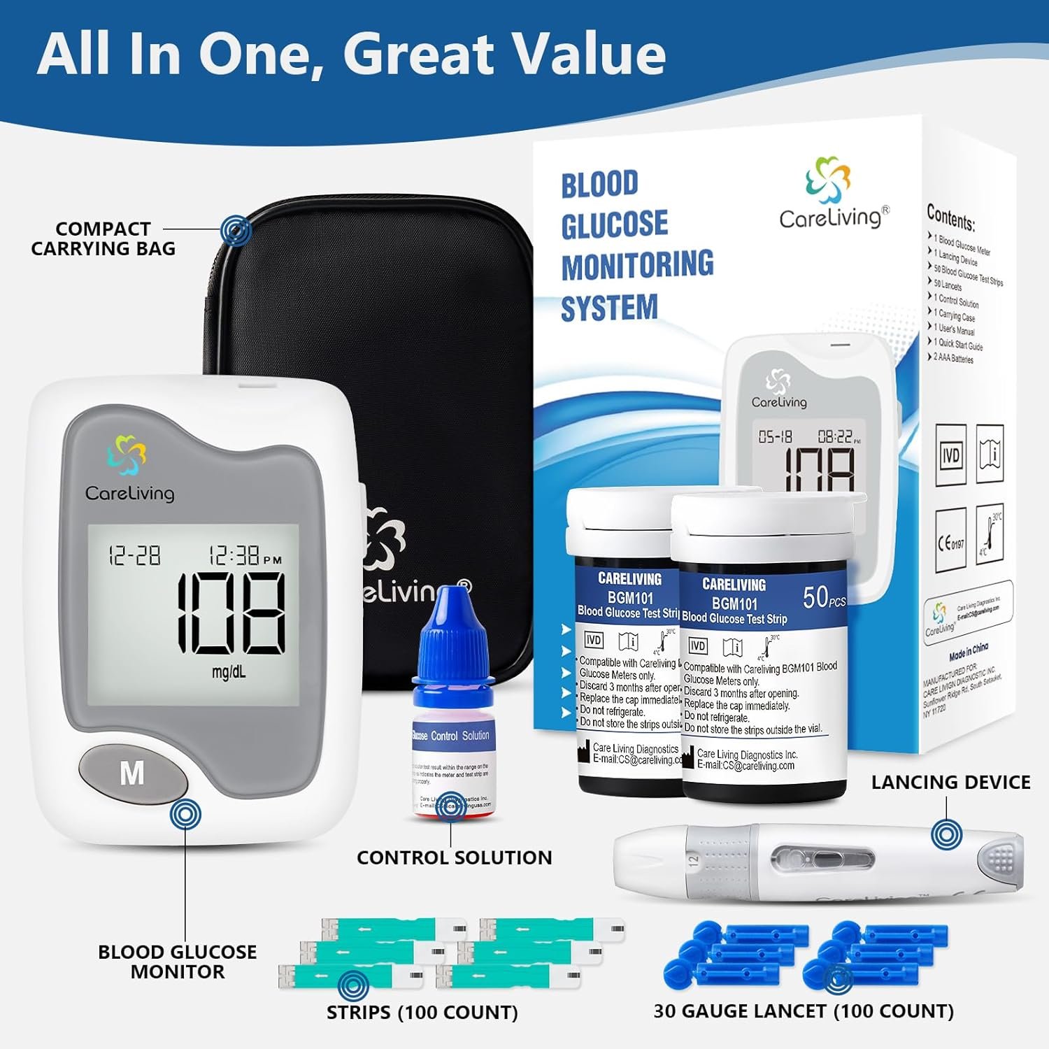 BGM101 Blood Glucose Monitor Kit, 100 Test Strips, 100 Lancets, 1 Blood Glucose Meter, 1 Lancing Device, Diabetes Testing Kit, Portable Blood Sugar Test Kit, Glucometer Kit for Home