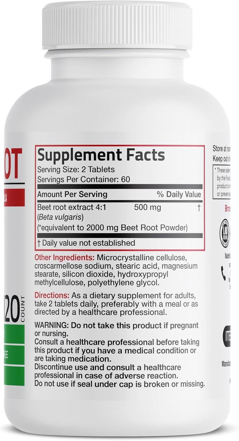 Bronson Beet Root Extra Strength (Equivalent to 2000mg Beet Root per Serving from 500mg 4:1 Extract), Non-GMO, 250 Vegetarian Tablets