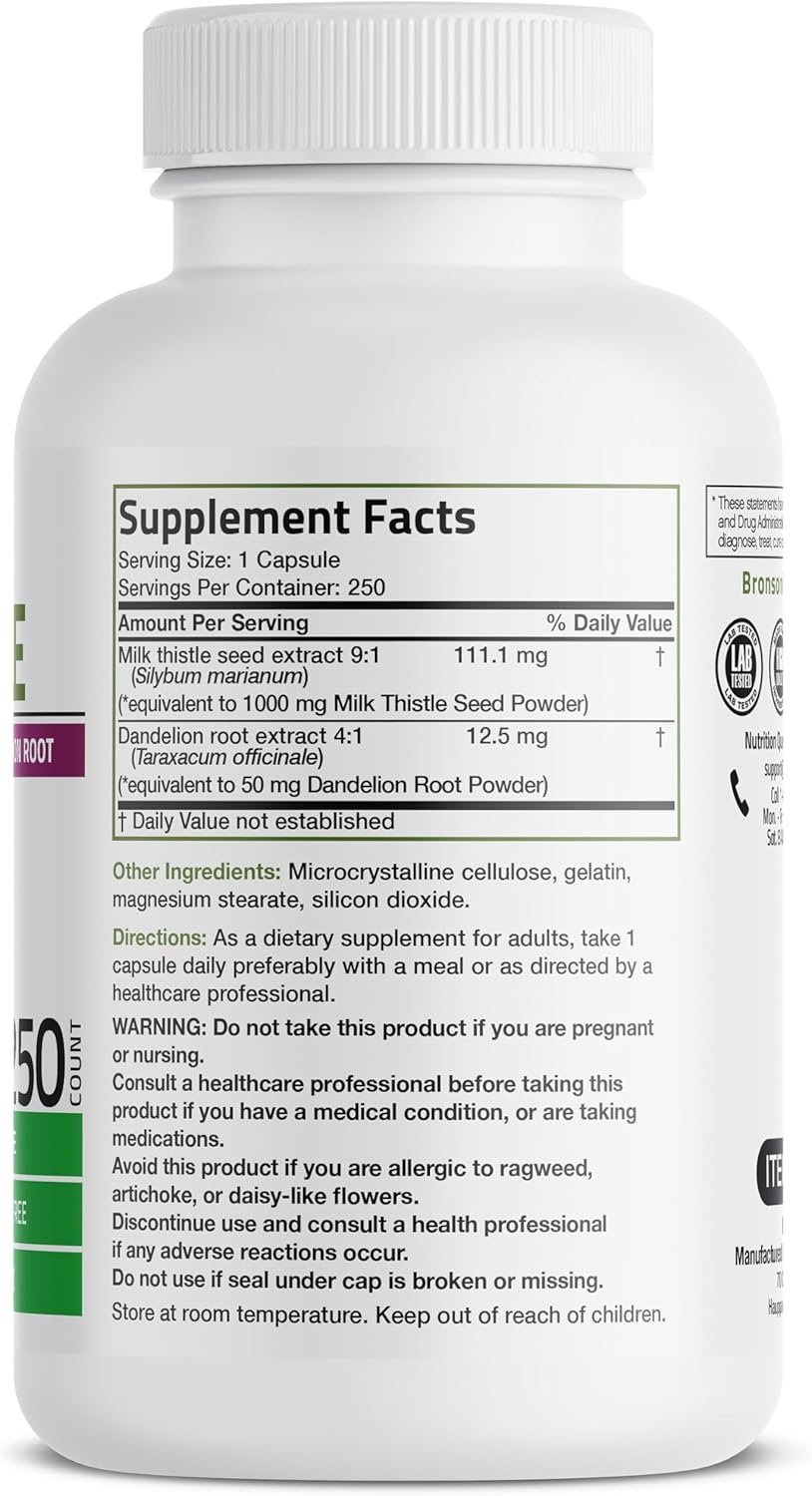 Bronson Milk Thistle Silymarin Marianum  Dandelion Root Liver Health Support, Antioxidant Support, Detox, 120 Capsules