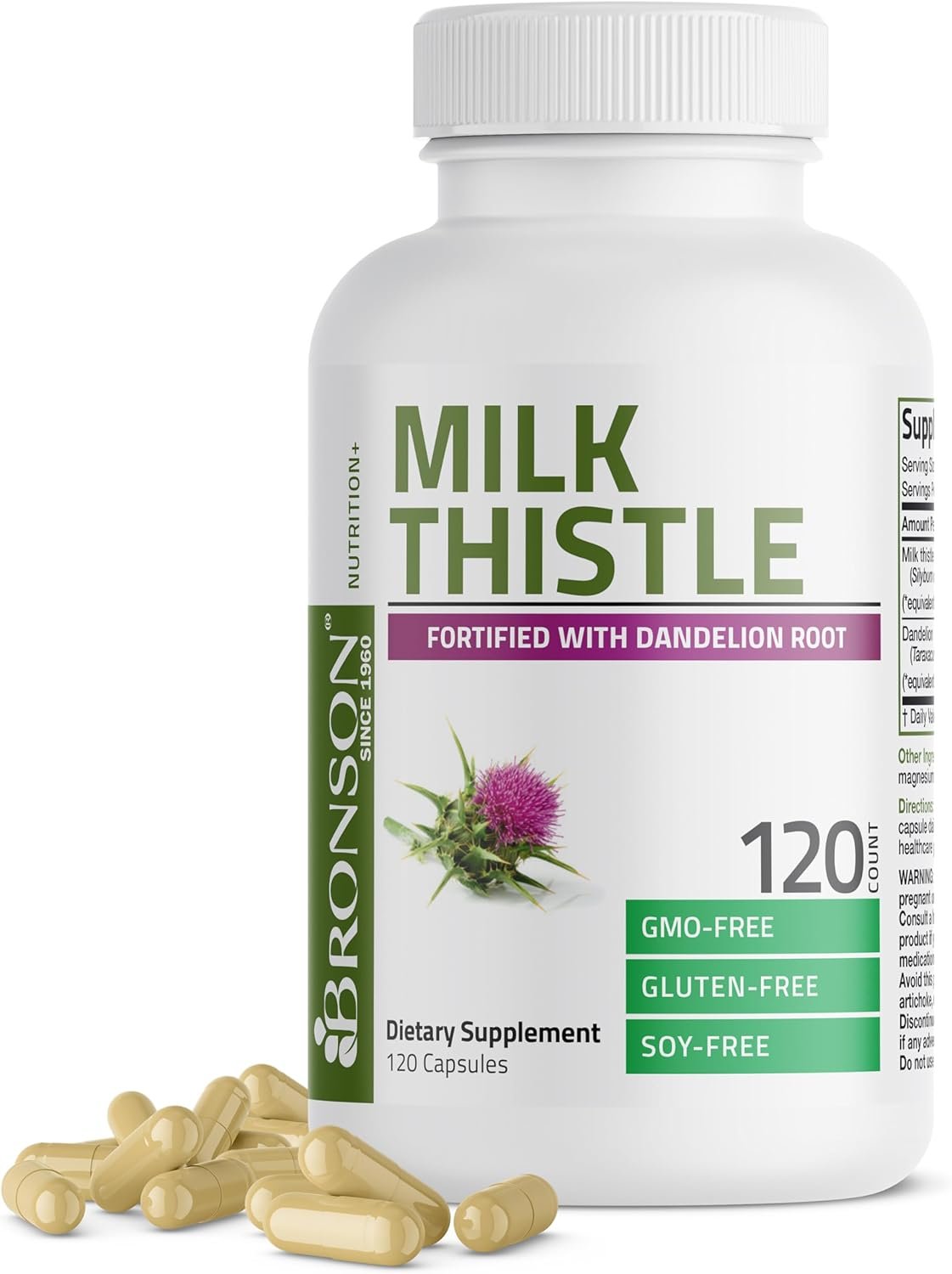 Bronson Milk Thistle Silymarin Marianum  Dandelion Root Liver Health Support, Antioxidant Support, Detox, 120 Capsules