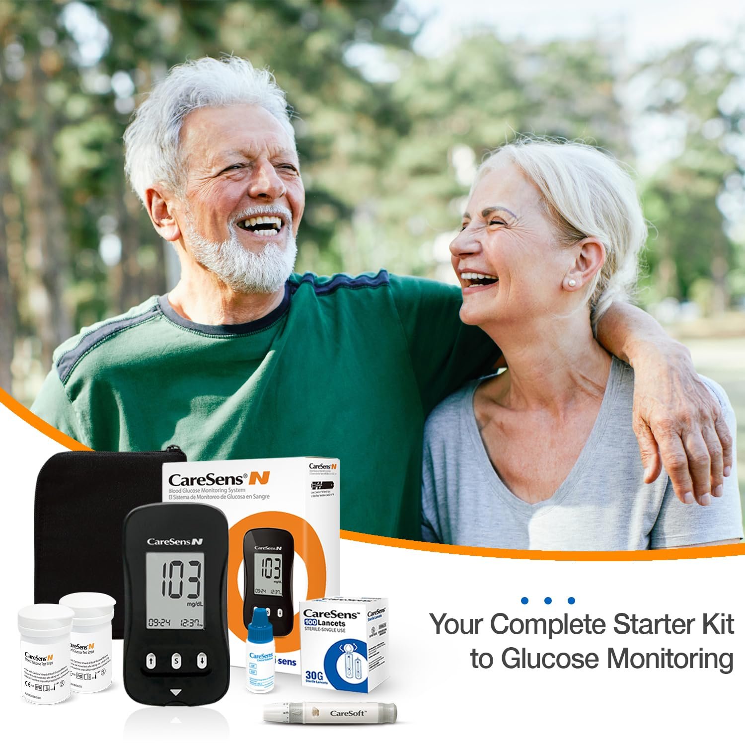 CareSens N Blood Glucose Monitor Kit with 100 Blood Sugar Test Strips, 100 Lancets, 1 Blood Glucose Meter, 1 Lancing Device, 1 Control Solution, Travel Case for Diabetes Testing
