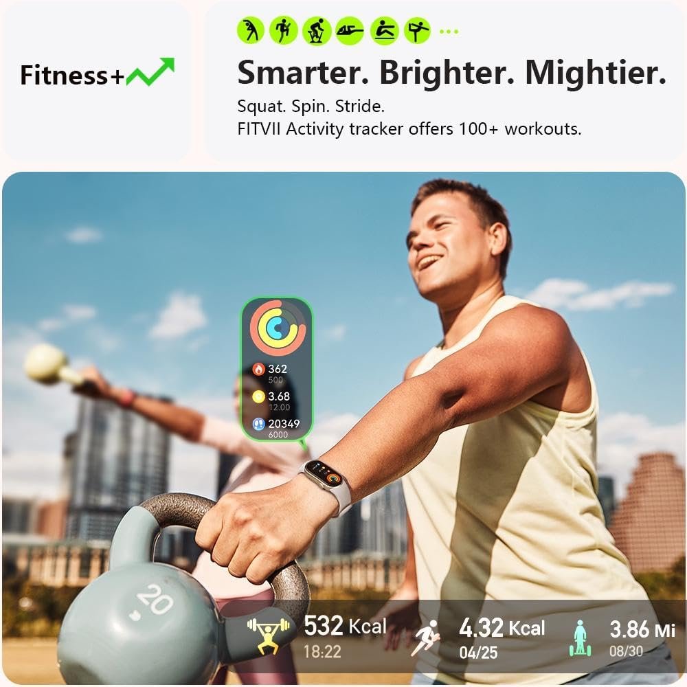 FITVII Ole Fitness Tracker, 1.6 AMOLED Fitness Watch with 24/7 Heart Rate and Blood Pressure Monitor, Blood Oxygen Sleep Tracking Step Calories Counter IP68 Waterproof Activity Tracker for Women Men