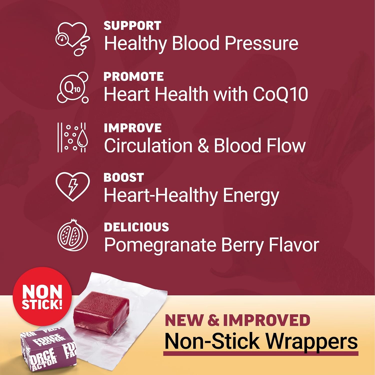FORCE FACTOR Total Beets Ultimate Heart Health Blood Pressure Support Chews with CoQ10, Beet Root Powder, Grape Seed Extract, Blood Pressure Supplement for Circulation  Blood Flow, 60 Soft Chews