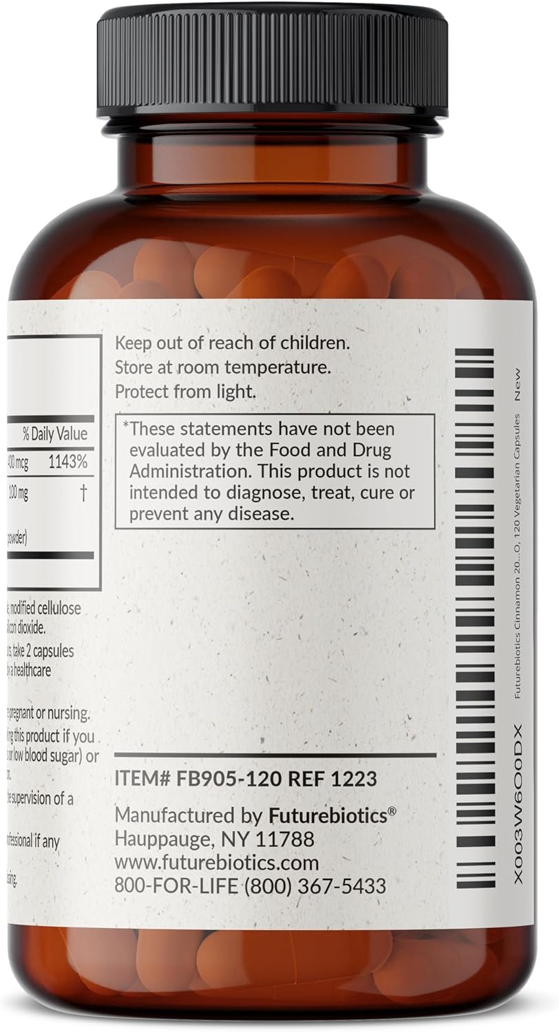 Futurebiotics Cinnamon Plus Chromium Picolinate Supplement, High Potency Chromium, Non-GMO, 60 Vegetarian Capsules