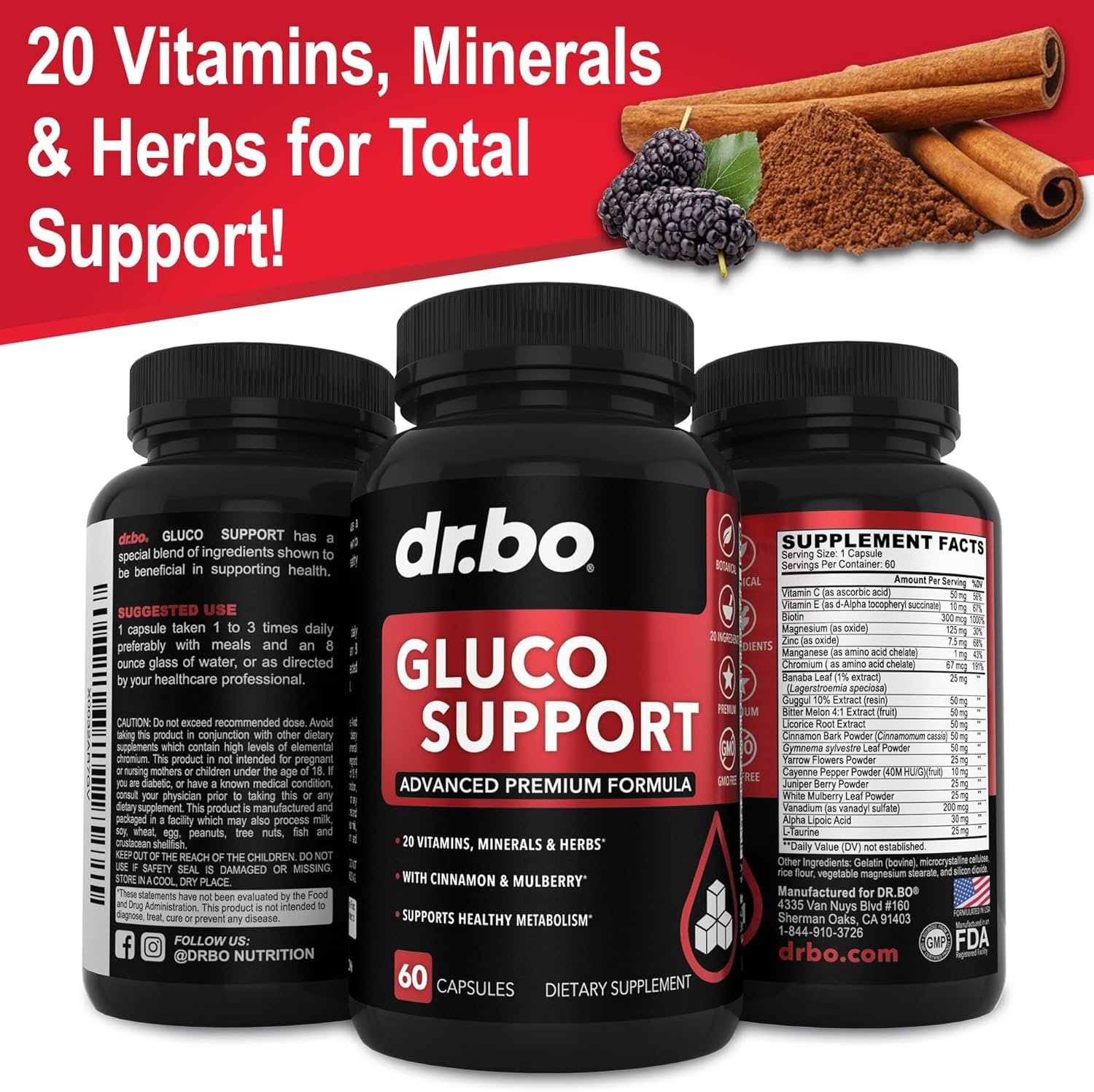 Gluco Support Supplement Capsules - Boost Metabolism Supplements, Vitamin Herbal Formula Pill - Ultra Balance Optimizer Vitamins, Chromium, Cinnamon, Bitter Melon Leaf, Gymnema, Vanadium - 60 Pills