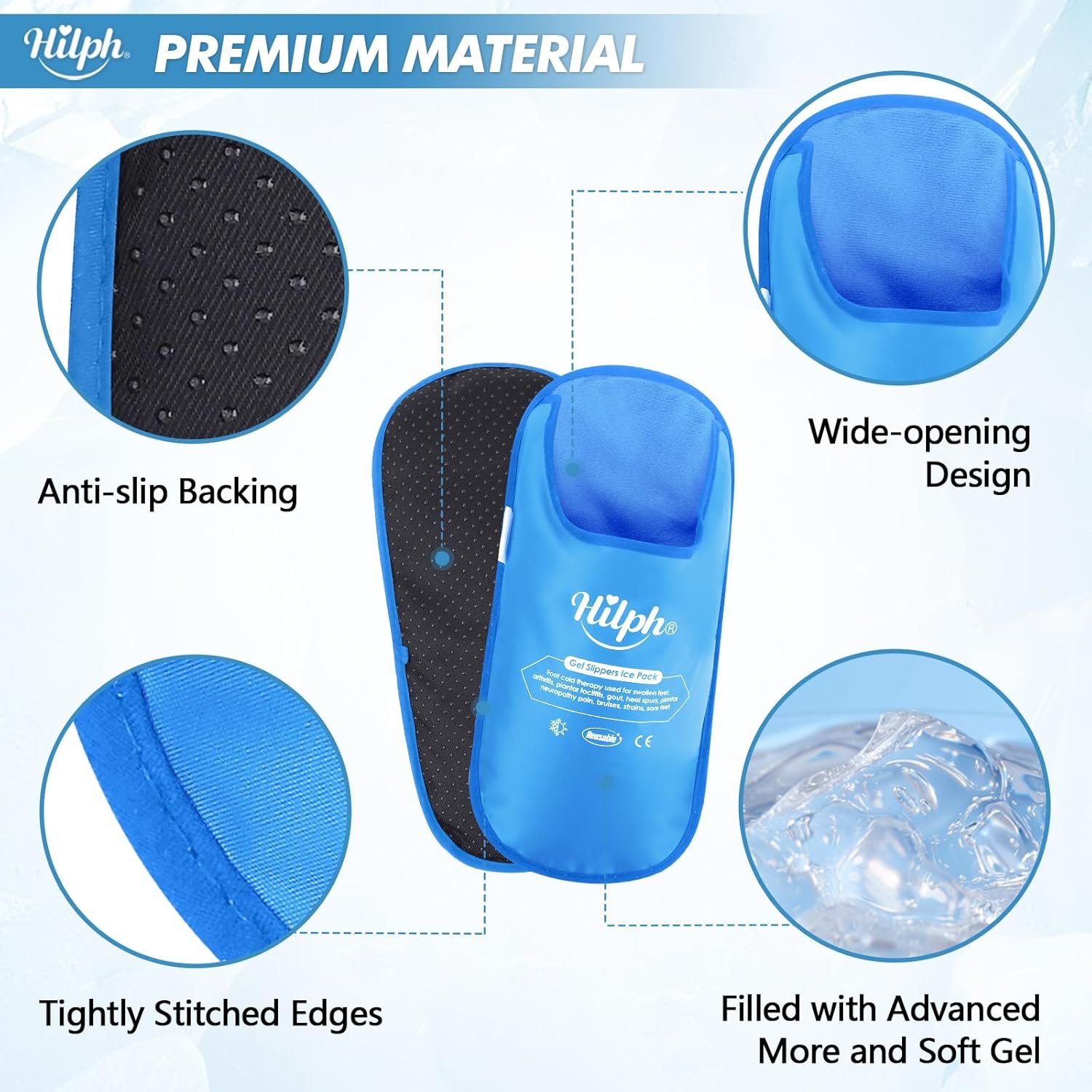 Hilph Foot Ice Pack Slippers for Plantar Fasciitis 2 Packs, Reusable Hot Cold Packs Gel Ice Slipper for Foot and Broken Toes, Gout, Foot Surgery, Neuropathy, Diabetic, Swollen (Blue)