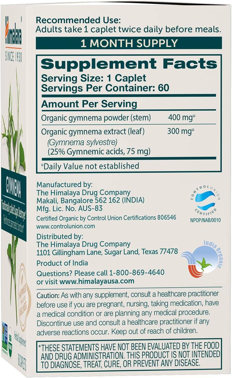 Himalaya Organic Gymnema Herbal Supplement USDA Certified Organic, Non-GMO, 700 mg, 60 Plant-Based Caplets, 60 Day Supply, 2 Pack