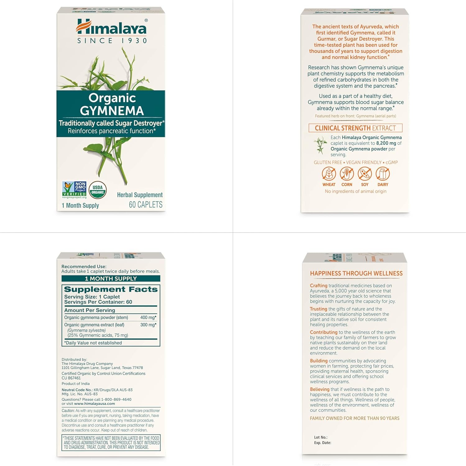 Himalaya Organic Gymnema Herbal Supplement USDA Certified Organic, Non-GMO, 700 mg, 60 Plant-Based Caplets, 60 Day Supply, 2 Pack