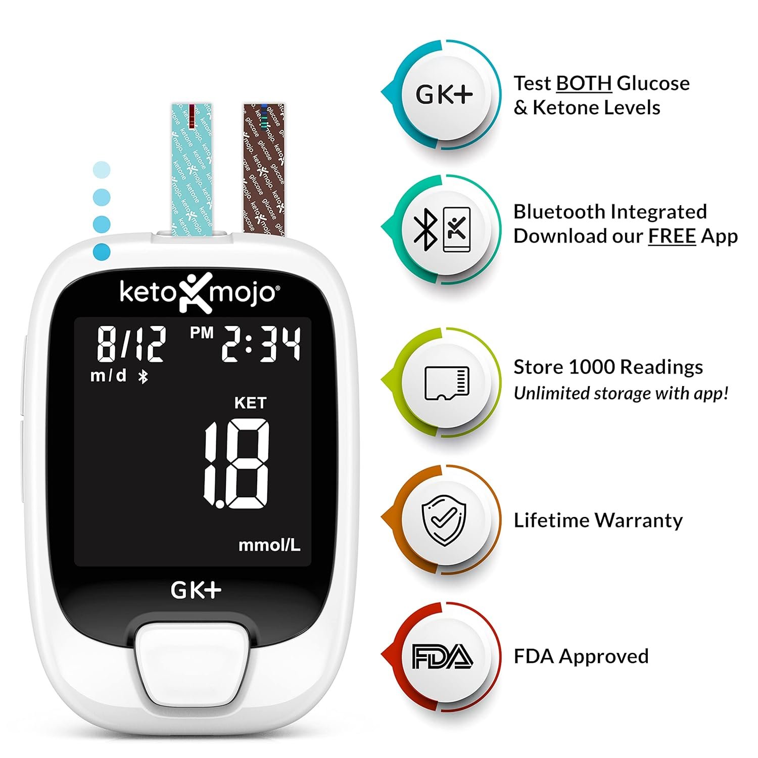 KETO-MOJO GK+ Bluetooth Glucose  Ketone Testing Kit + Free APP for Ketosis  Diabetes Management. 20 Blood Test Strips (10 Each), Meter, 20 Lancets, Lancing Device, and Control Solutions