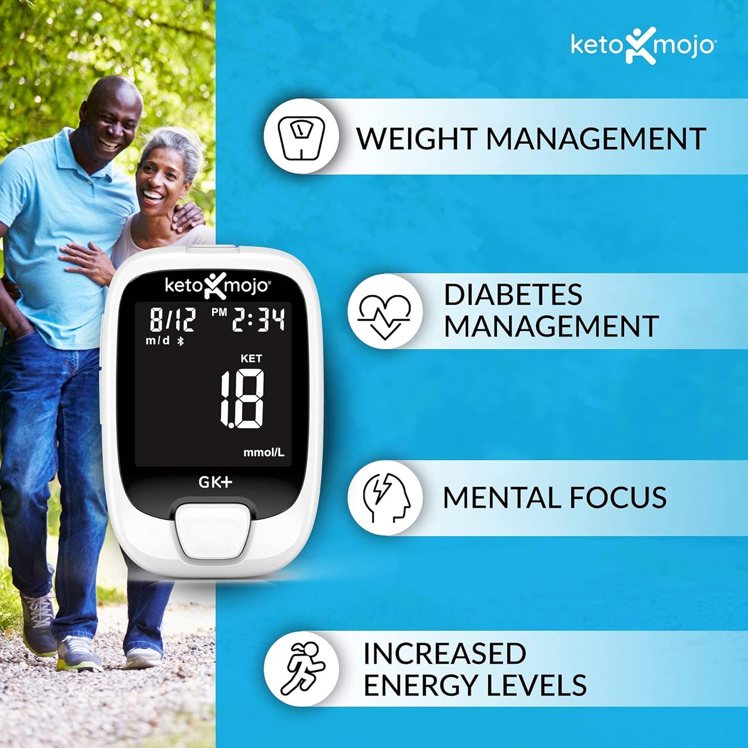 KETO-MOJO GK+ Bluetooth Glucose  Ketone Testing Kit + Free APP for Ketosis  Diabetes Management. 20 Blood Test Strips (10 Each), Meter, 20 Lancets, Lancing Device, and Control Solutions