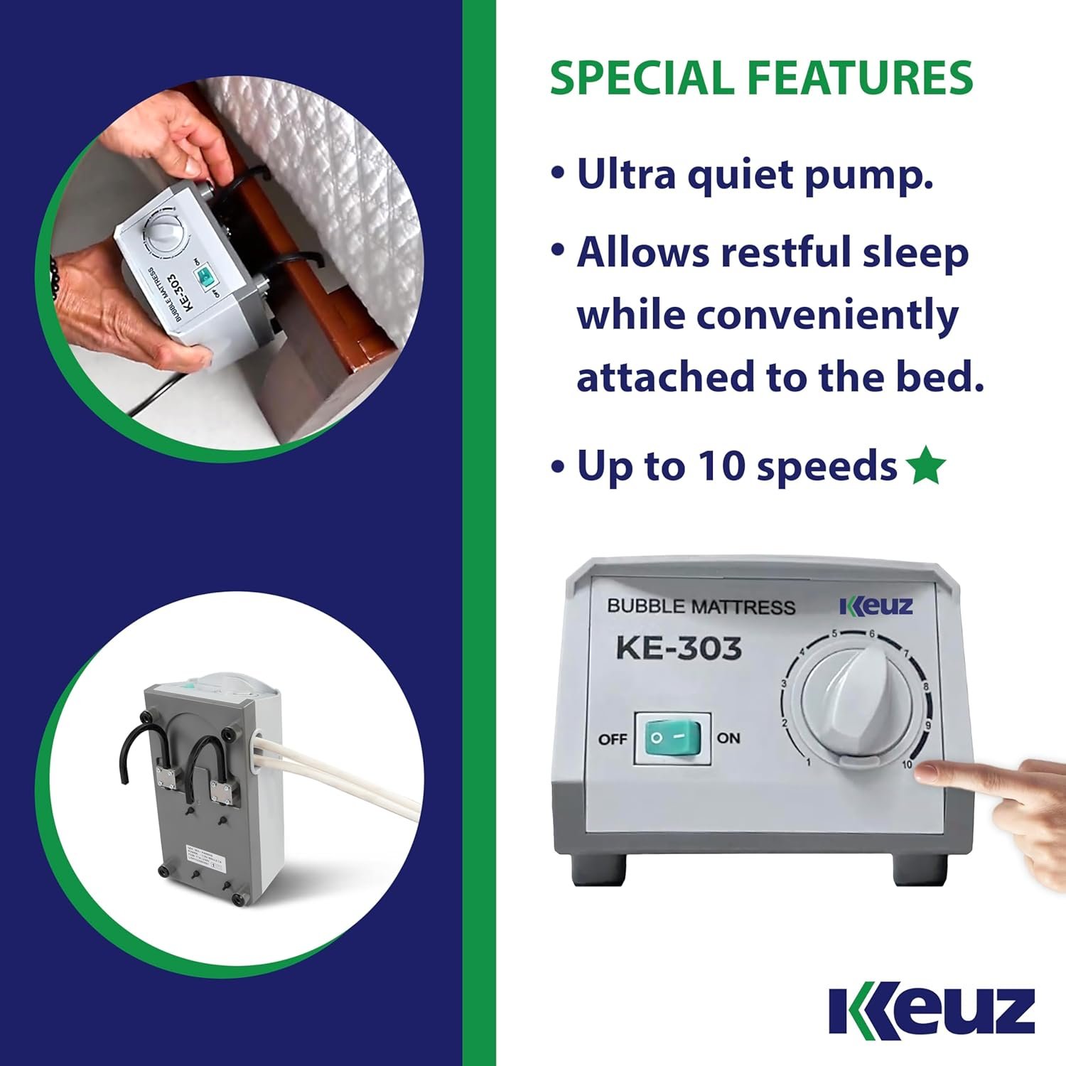 KEUZ Alternating Air Pressure Mattress Pad, Home and Hospital Bed Mattress Topper with End Flaps, Ultra Quiet Pump and Repairing Kit Included, Ulcer and Bed Sore Prevention.