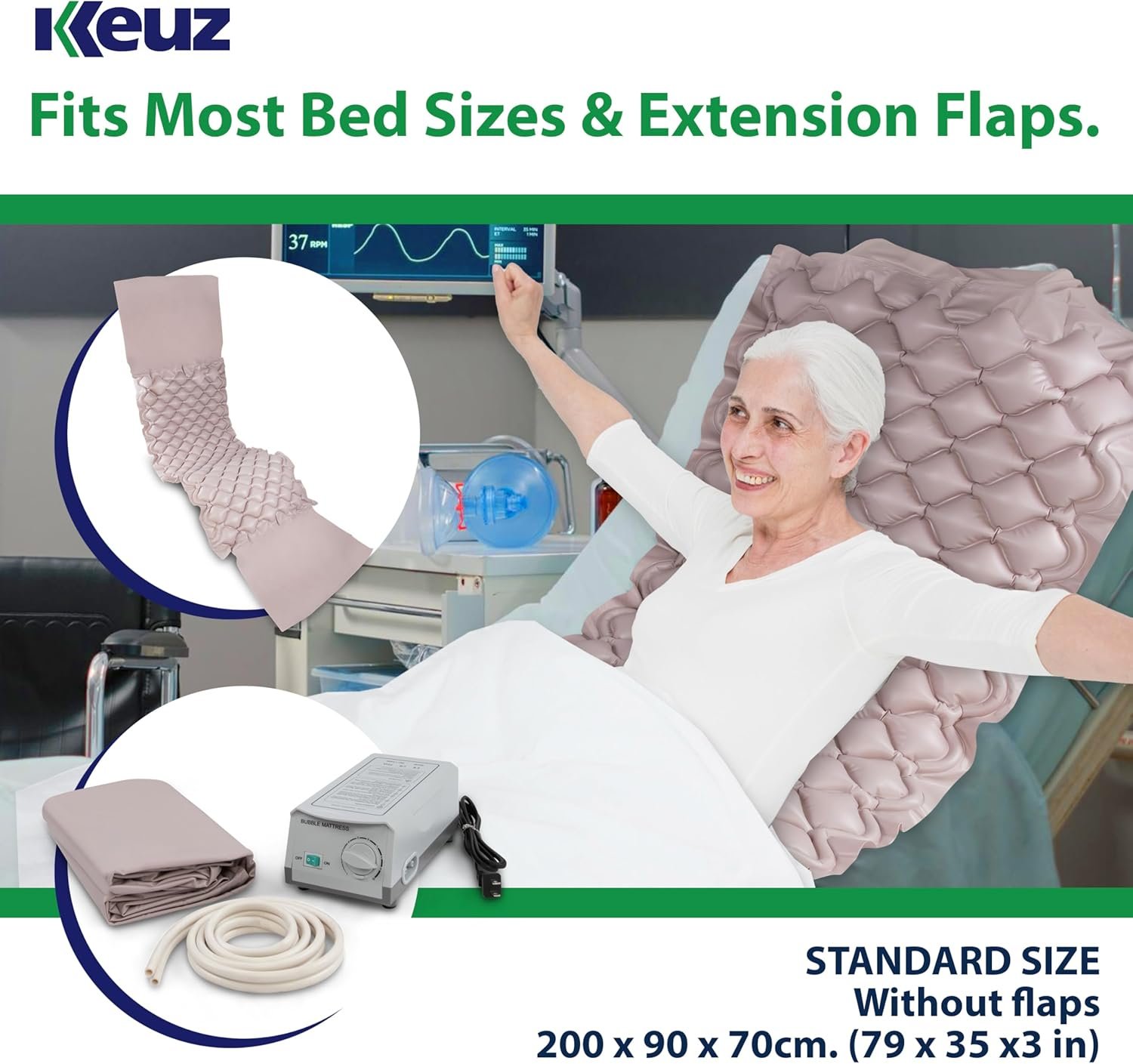 KEUZ Alternating Air Pressure Mattress Pad, Home and Hospital Bed Mattress Topper with End Flaps, Ultra Quiet Pump and Repairing Kit Included, Ulcer and Bed Sore Prevention.