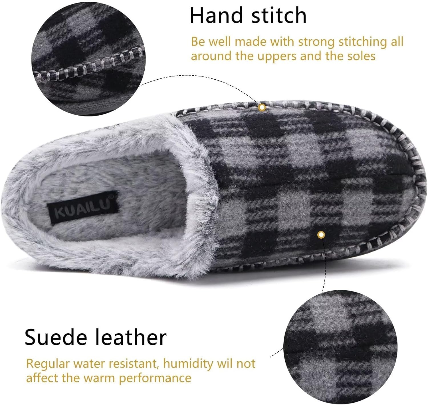 KuaiLu Mens Clog Slippers with Arch Support Suede Faux Fur Memory Foam Warm House Shoes Comfortable Slip-on Mans Bedroom Indoor Outdoor Slippers Rubber Sole Size 7-16