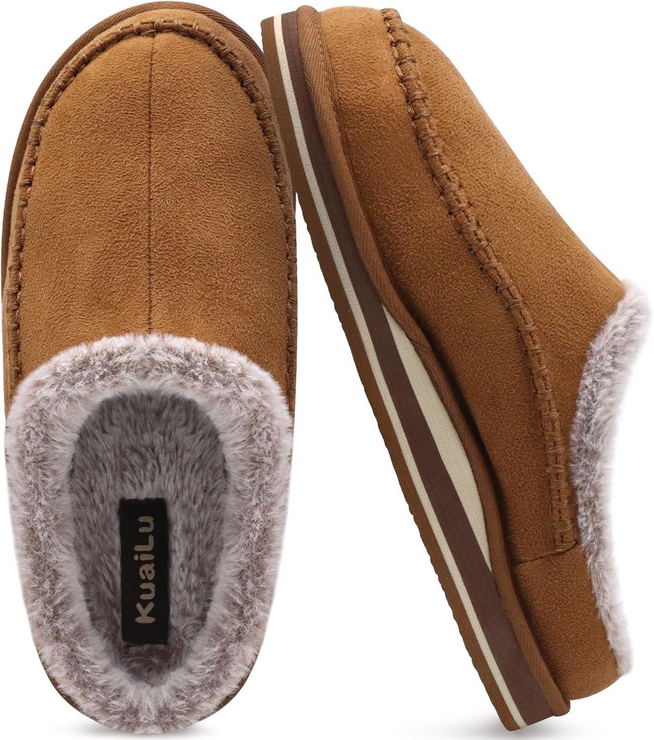 KuaiLu Mens Clog Slippers with Arch Support Suede Faux Fur Memory Foam Warm House Shoes Comfortable Slip-on Mans Bedroom Indoor Outdoor Slippers Rubber Sole Size 7-16