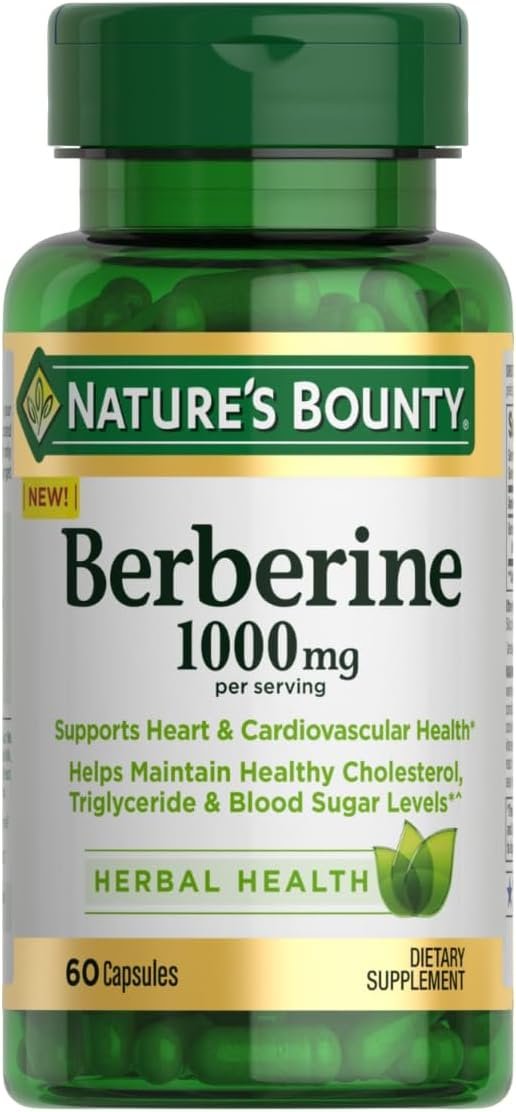 Natures Bounty 1000mg Berberine Herbal Health Capsules Support Heart and Cardiovascular Health, Help Maintain Healthy Cholesterol, Triglyceride, and Blood Sugar Levels, 60 Capsules