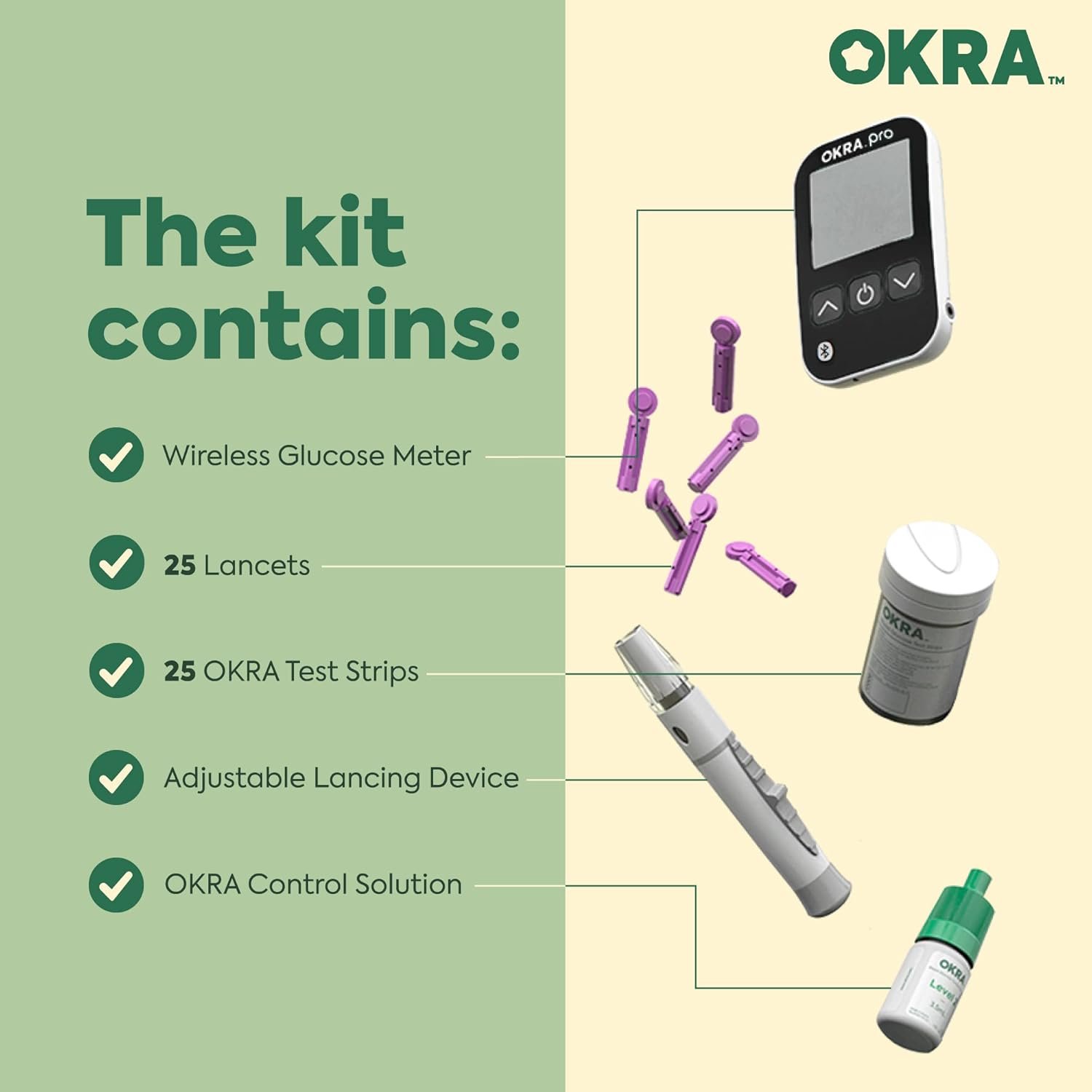 Okra Pro Glucose Monitor Kit - Syncs with Free App - Meter, Test Strips, Lancets, Lancing Device, Control Solusion and Carry Case