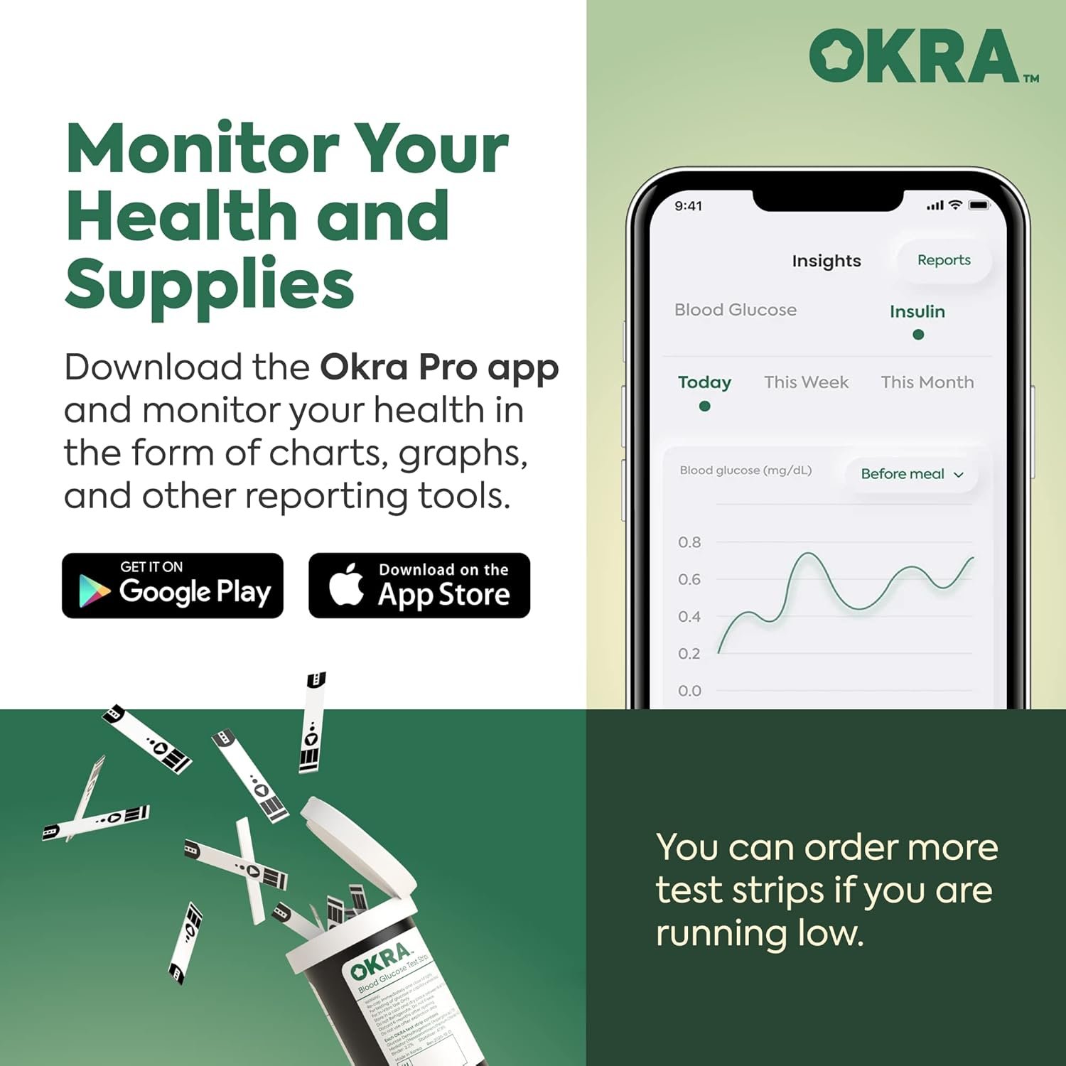 Okra Pro Glucose Monitor Kit - Syncs with Free App - Meter, Test Strips, Lancets, Lancing Device, Control Solusion and Carry Case