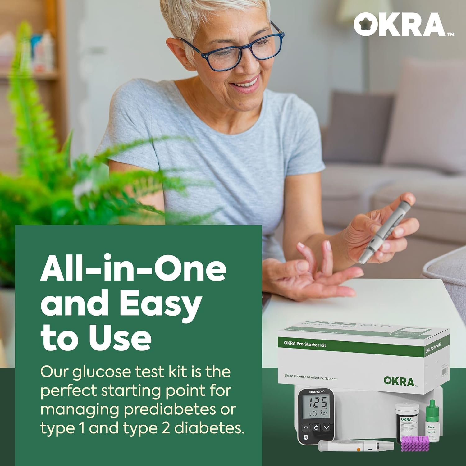 Okra Pro Glucose Monitor Kit - Syncs with Free App - Meter, Test Strips, Lancets, Lancing Device, Control Solusion and Carry Case