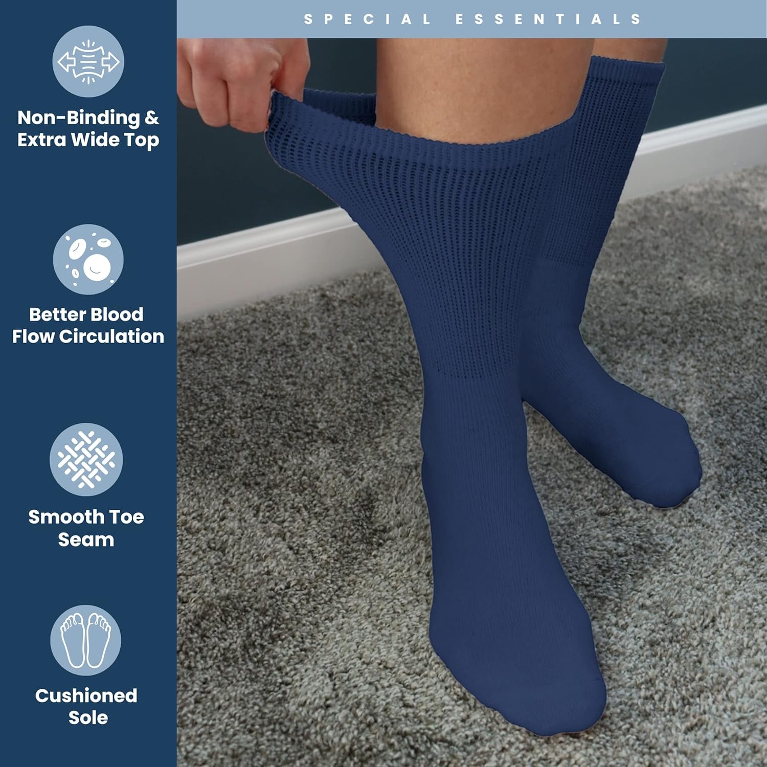 Special Essentials 12 Pairs Cotton Diabetic Socks for Men  Women - Non-Binding Extra Wide Top Neuropathy Socks - Crew Socks