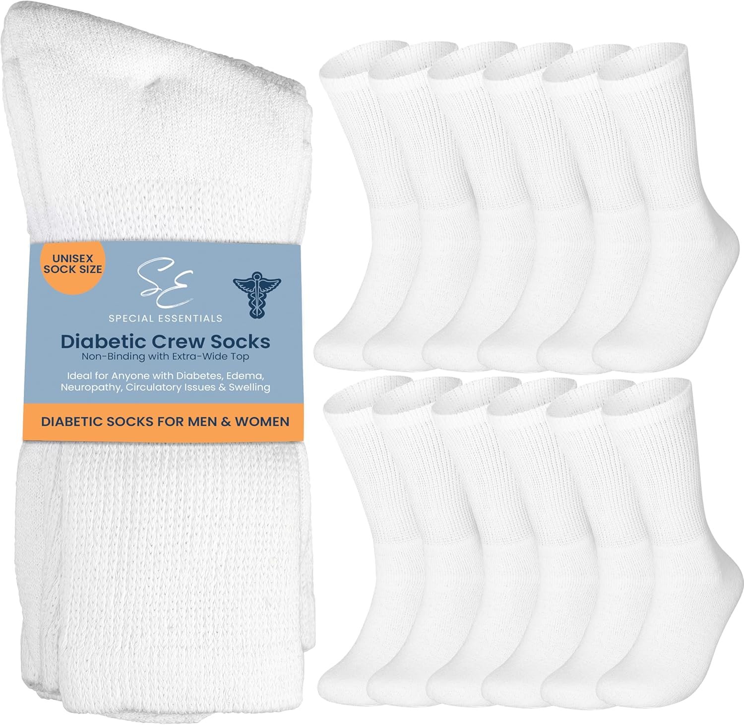 Special Essentials 12 Pairs Cotton Diabetic Socks for Men  Women - Non-Binding Extra Wide Top Neuropathy Socks - Crew Socks