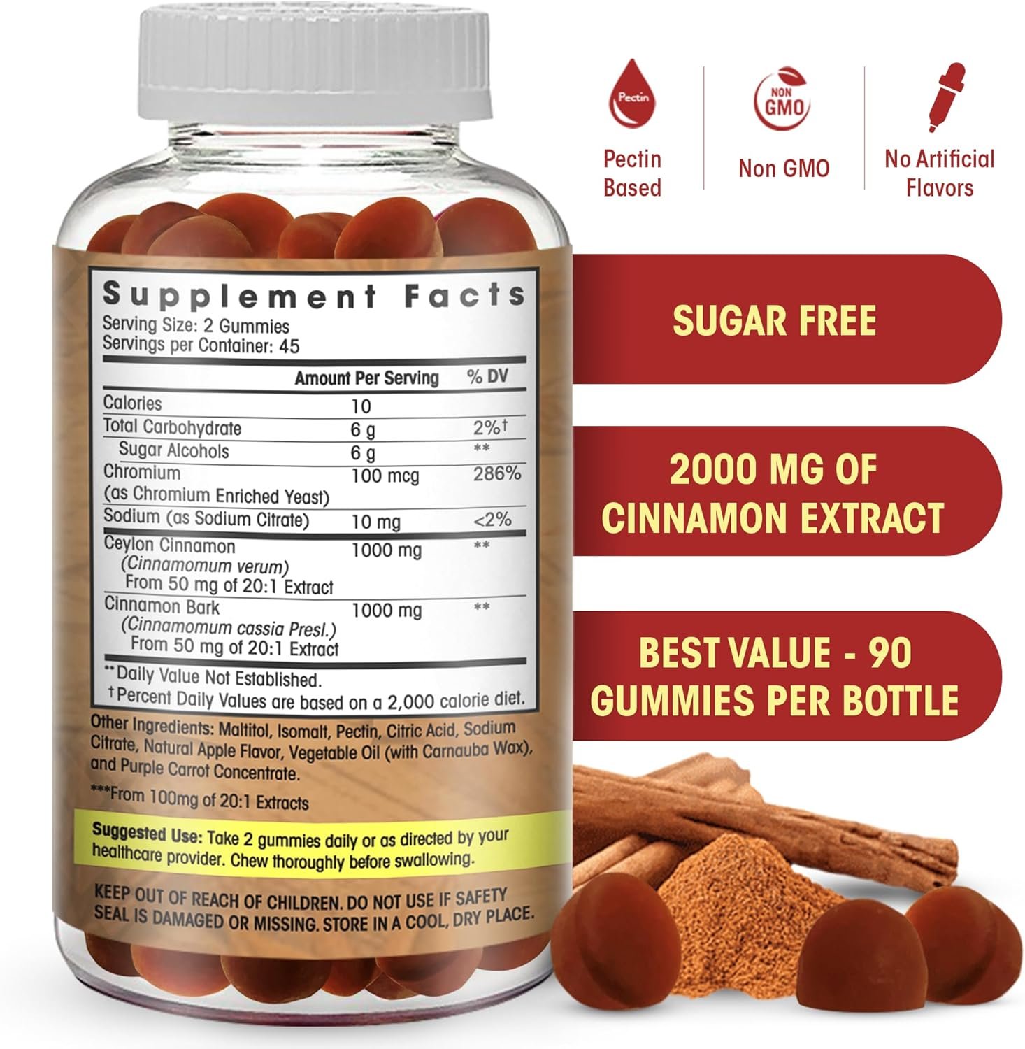 Sugar Free Ceylon Cinnamon Gummies 2000mg /Serving- Sugar Regulation, Joint Pain, Neuroprotective- Cinnamon Supplement with Chromium and Cinnamon Bark- Alternative to Cinnamon Capsules - 90 Chews