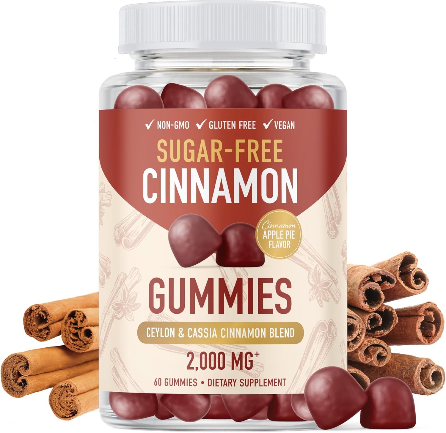 Sugar-Free Cinnamon Gummies 2000MG with Ceylon Cinnamon  Cassia Complex | Sugar-Free Lifestyle Supplement  Guilt-Free Apple Pie Flavor with Chromium | Vegan, Non-GMO, Gluten-Free | 60 Gummies